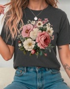 Koszulka damska T-shirt z kwiatowym nadrukiem, grafitowa, casual rozmiar M