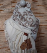 Piękny szal boho haft 50%kaszmir 50% wełna Cashmere r200x70 crem wzór beż