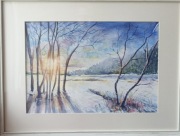 Akwarela zimowy pejzaż – zachód słońca , A4 oprawiona gotowa do zawieszenia