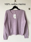 Nowy 100% wełna merino sweter dekolt w serek vneck liliowy wrzosowy lawenda