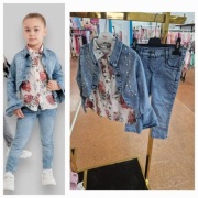 Nowy komplet katana jeansowa + koszula kwiaty + spodnie jeansy r. 98
