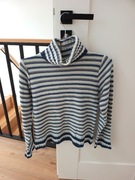 niebieski sweter w pasy paski z golfem 34 36XS bialy zimowy cieply