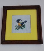 Obrazek ręcznie haftowany ptaszek HANDMADE rękodzieło sikorka modraszka