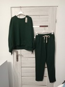 Dres z frędzlami, butelkowa zieleń, masełko, asymetryczna bluza.