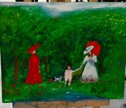 obraz olejny  na płótnie   spacer w ogrodzie 