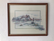 Obraz akwarela – wiejski dom z kaczkami, oprawiony w rame