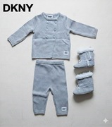 Komplet dzianinowy DKNY dla niemowlaka nowy szary 0-3m +buciki 19 chrzest