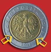 5 ZŁ 2017 [nr 131] MONETA >DESTRUKT> ŹLE OSADZONY RDZEŃ I RANT NA REWERSIE