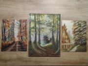 ZESTAW RĘCZNIE MALOWANYCH OBRAZÓW - TRYPTYK LEŚNY, POLSKI PEJZAŻ