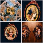Kolekcja Art Déco 1 portret + 4 mini portrety drewno/gips unikat rękodzieło