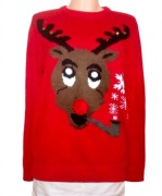 Świąteczny czerwony ciepły Sweter renifer dzwoneczki pompon Primark 46 3 XL