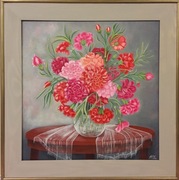 Olej ręcznie malowany 64 x 64 cm z ramą, "GOŹDZIKI"