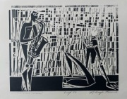 Henryk Płóciennik. Linoryt. Jazz. "Improwizacja Jazzowa"