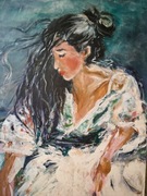 Obraz malowany akrylami, kobieta na plaży