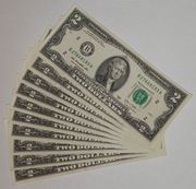 10 banknotów 2 dolary USA. Z obiegu. Oryginały.