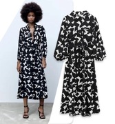 ZARA sukienka koszulowa z biało-czarnym nadrukiem i paskiem, wiskoza, XS -S