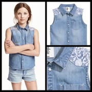 H&M super jeansowa koszula top z koronką 158