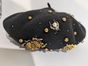 BERET/CZAPKA 100%WEŁNA WILLI CZARNY CIEPŁA PODSZEWKA OZDOBY