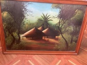 Obraz Olejny Afryka - Wioska w Kongo - Vintage 66x46 Rama lata 70te