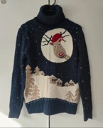 Granatowy golf z reniferem zimowy świąteczny ciepły 