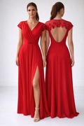 Elegancka bardzo długa wieczorowa czerwona sukienka damska – rozmiar 36 