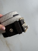 Michael Kors gruby pasek skórzany kremowy brąz monogram złota klamra S 86cm