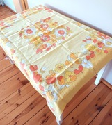 Textilimpex żółty pomarańczowy stary lniany obrus z czasów prlu kwiaty