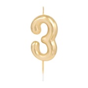 Świeczka cyfra "3", złota połysk, 6 cm, PartyPal