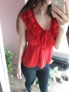 Czerwona elegancka bluzka z krótkim rękawem dekolt serek V rozmiar XS H&M