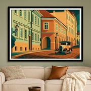 Praga - uliczka z klasycznym samochodem w stylu Art Deco, plakat 60x40cm