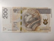 Banknot 200 zł Seria AK0002200 dla kolekcjonera 