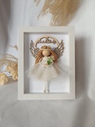 Anioł Stróż makramowa laleczka w ramce skrzydła sklejka pamiątka 