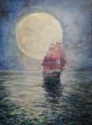 Magiczny rejs i księżyc ręcznie malowany akryl, żaglowiec, noc, marynistyka