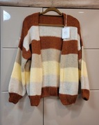 kardigan damski w paski oversize brąz beż ecru nowy z metką