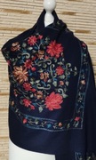 Piękny szal boho haft 50%kaszmir 50% wełna duży  200x70 cm granatowy 