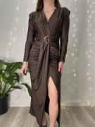 Brązowa długa sukienka z rozcięciem elegancka imprezowa Sylwester Andrzejki