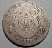Srebrna moneta  Napoleon Francja 1 Frank 1868 BB srebro