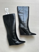 ZARA czarne kozaki wysokie koturn szpic skóra eko NOWE 36