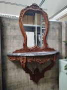 Ręcznie rzeźbiona drewniana konsola z lustrem marmurowy blat 231295