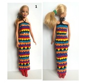 Długa, szydełkowa, kolorowa sukienka dla lalki barbie