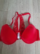 Primark stanik zapinany z przodu 85D, czerwony, ozdobne koronkowe plecy.