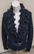 Wełniany granatowy kardigan / blezer zdobiony paskami futra