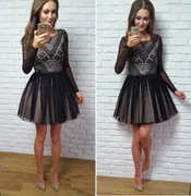 Nowa czarna tiulowa rozkloszowana sukienka z koronką S 36 M 38 