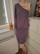 M 38 midi długa fioletowa sukienka na jedno ramie vintage retro wieczorowa