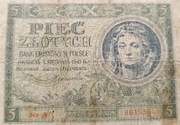 Stary banknot Polska 5 zł 1941 rok gubernia 