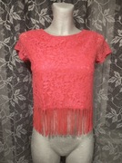 Neonowa różowa pomarańczowa krótka bluzka frędzle koronka Divided H&M XS