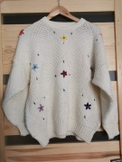 Piekny kremowy sweter kwiatki serca vintage 