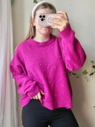 Luźny sweter oversize fuksja z cyrkoniami okrągły dekolt H&M l z wełną