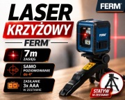 Laser krzyżowy FERM 7m samopoziomujący + statyw + baterie + NOWY