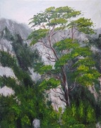 OBRAZ RĘCZNIE MALOWANY PEJZAŻ AKRYLOWY "GÓRZYSTA KURTYNA" - 30x24cm